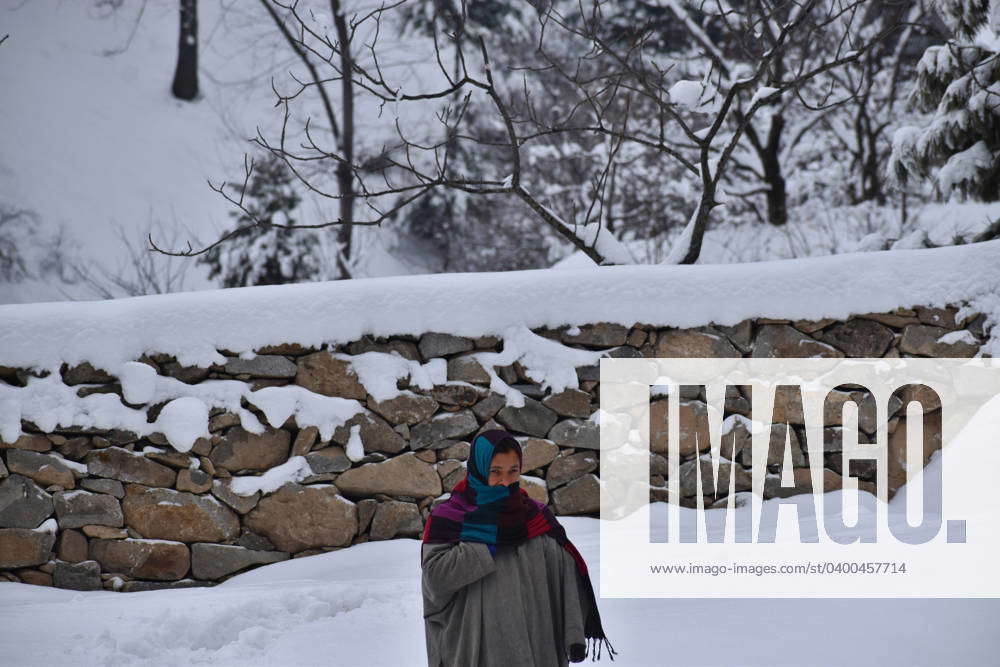 February 02,2024, Srinagar, India A woman walks on a snow covered