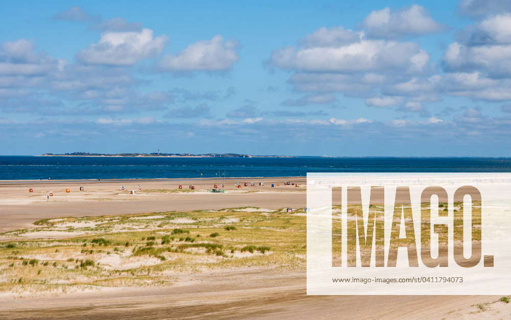 Amrum beach view from the beach of Norddorf with beach chairs on the ...