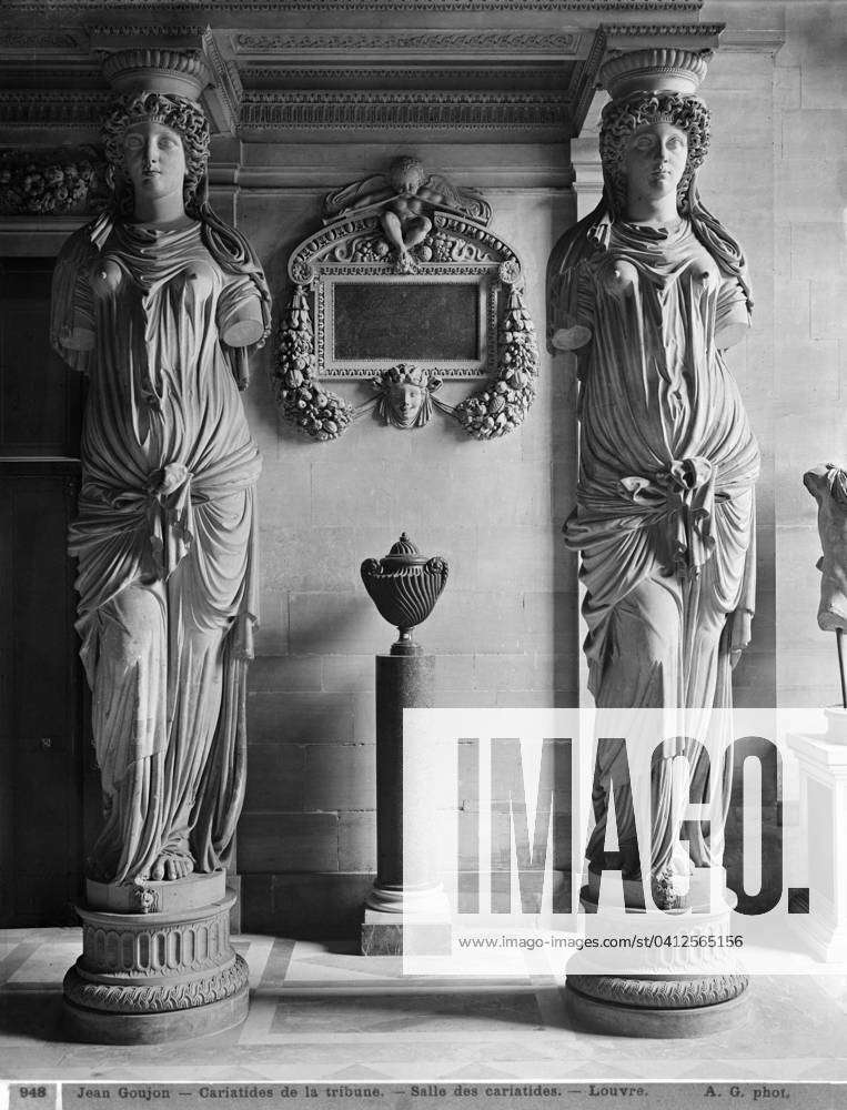 View of two caryatids from the Caryatids Tribune in the Louvre Museum ...