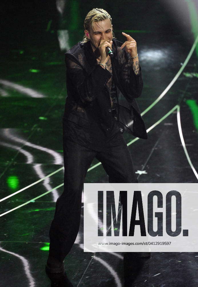 Italian Singer Il Sanremo: Italian singer Il Tre performs on stage at the Ariston theatre ...