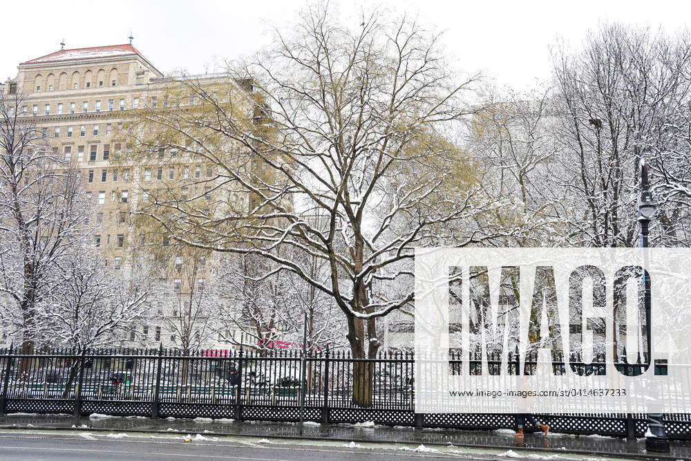 NYC Weather Snow is covering the trees and streets in Stuyvesant Park