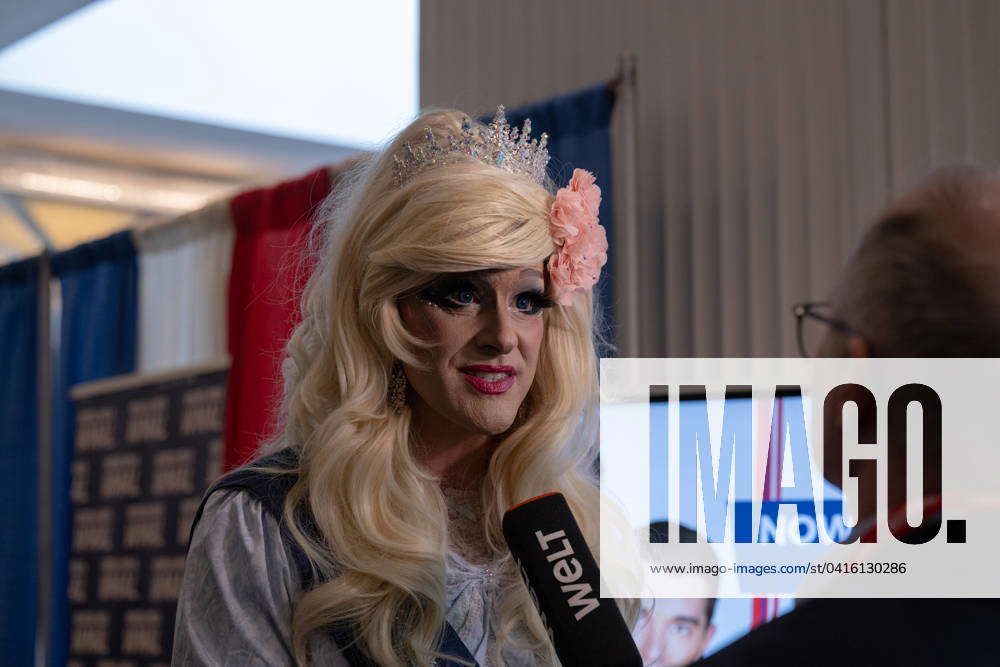 Drag queen Lady MAGA, AKA Ryan Woods, is interviewed at the 2024 ...