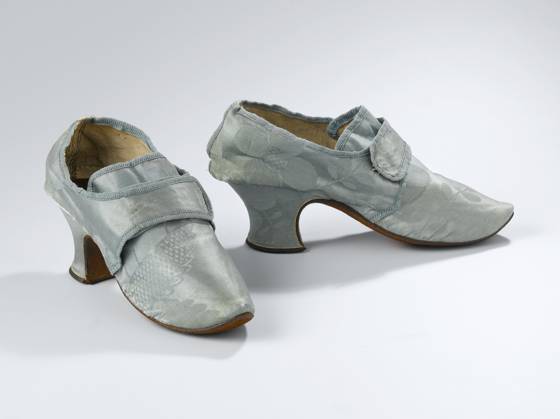 Ladies shoe of light blue silk damask with two flaps over the instep ...