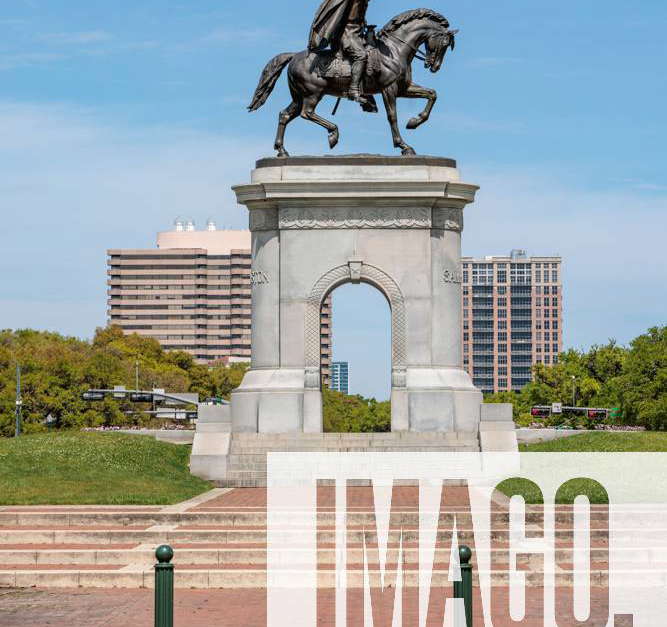 Bronze sculpture of General Sam Houston at the entrance to Hermann Park ...