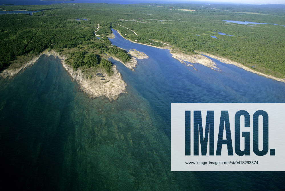 Aerial view of Baptist Harbour, Lake Huron shoreline near Tobermory ...