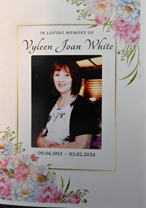 VYLEEN WHITE FUNERAL, The order of service booklet is seen at he ...