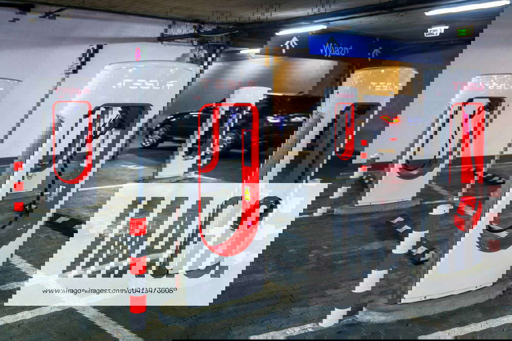 Tesla Superchargers In Krakow, Poland Tesla Superchargers are seen at