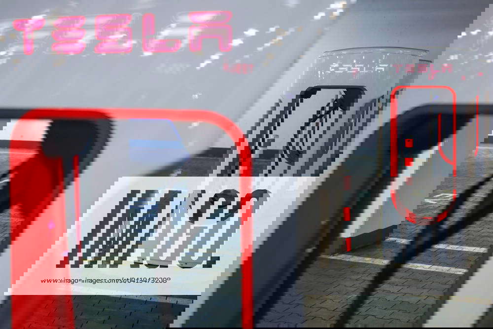 Tesla Superchargers In Krakow, Poland Tesla Superchargers are seen at