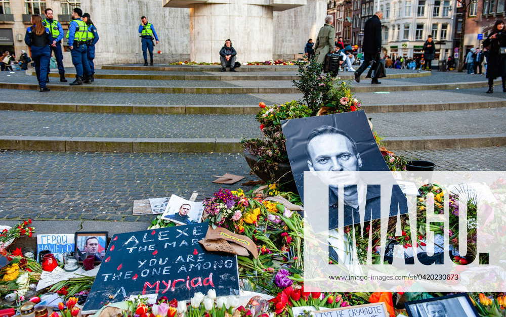 Flowers in memory of Navalny in Amsterdam. A big photo of Alexei ...