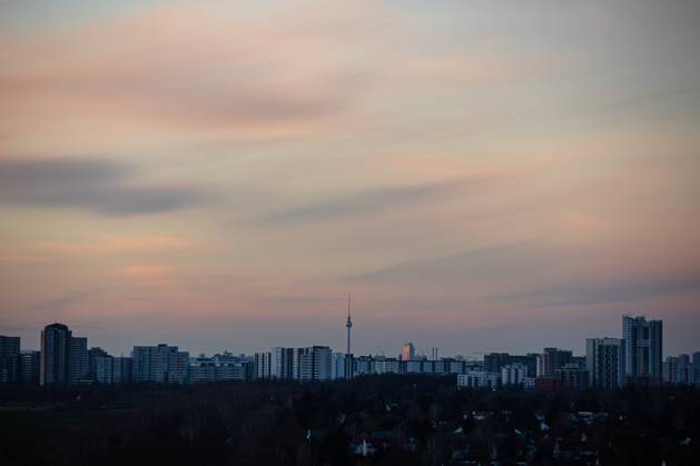 The city panorama of Berlin with the television tower on the evening of ...