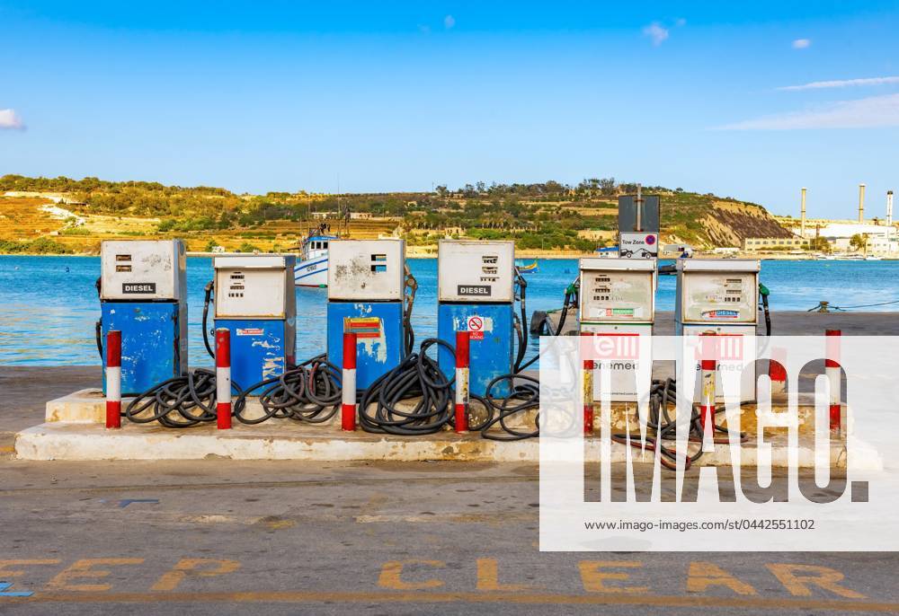 Petrol station in Malta Petrol station at the harbor Six pumps for different fuels Marsaxlokk