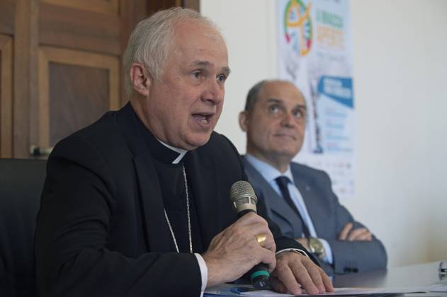 Italy, Rome, Vatican, 2024 4 19.mons. Claudio Giuliodori (L) speaks ...