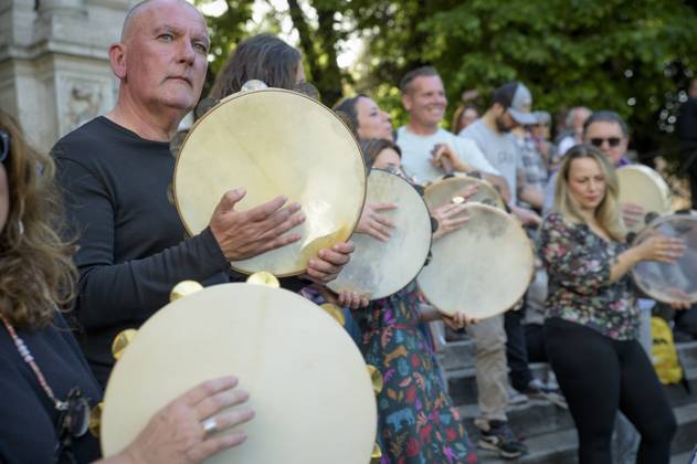 April 28, 2024, Rome, Italy: People play tambourines during the Dance ...