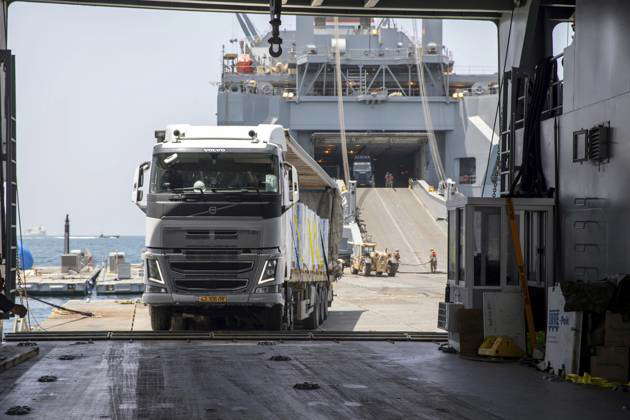 Mediterranean Sea, Gaza, Israel: A private truck moves humanitarian aid ...