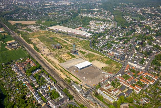 Aerial view, glassmakers quarter, historical landmark, construction ...