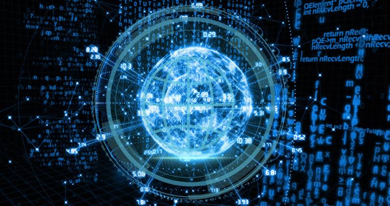 Image of globe with numbers rotating over binary codes and programming ...