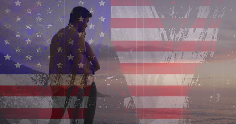 Image of usa flag effect against biracial couple talking to each other ...