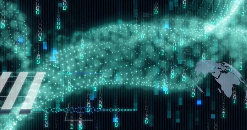 Image of binary codes moving in wave patterns over globes and graphs ...