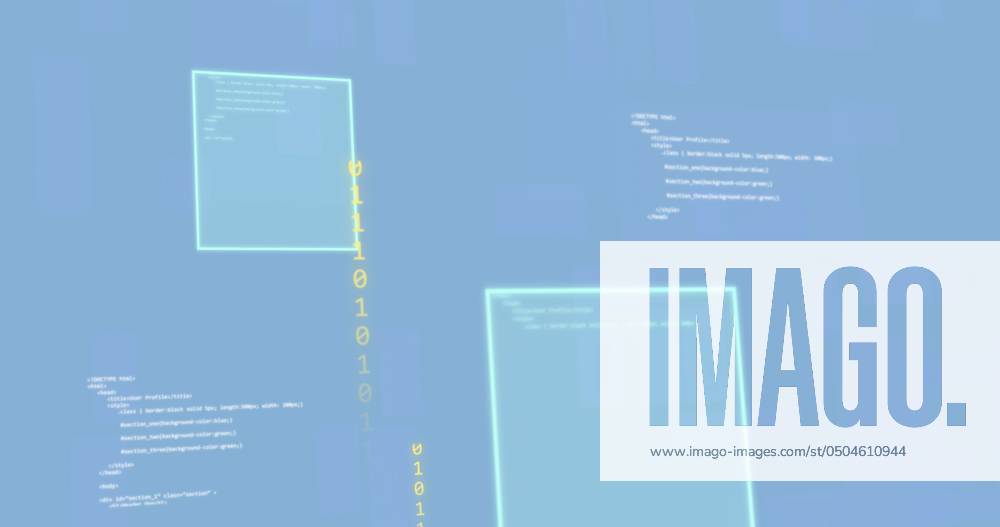 Image of programming language with binary codes and screens on blue ...