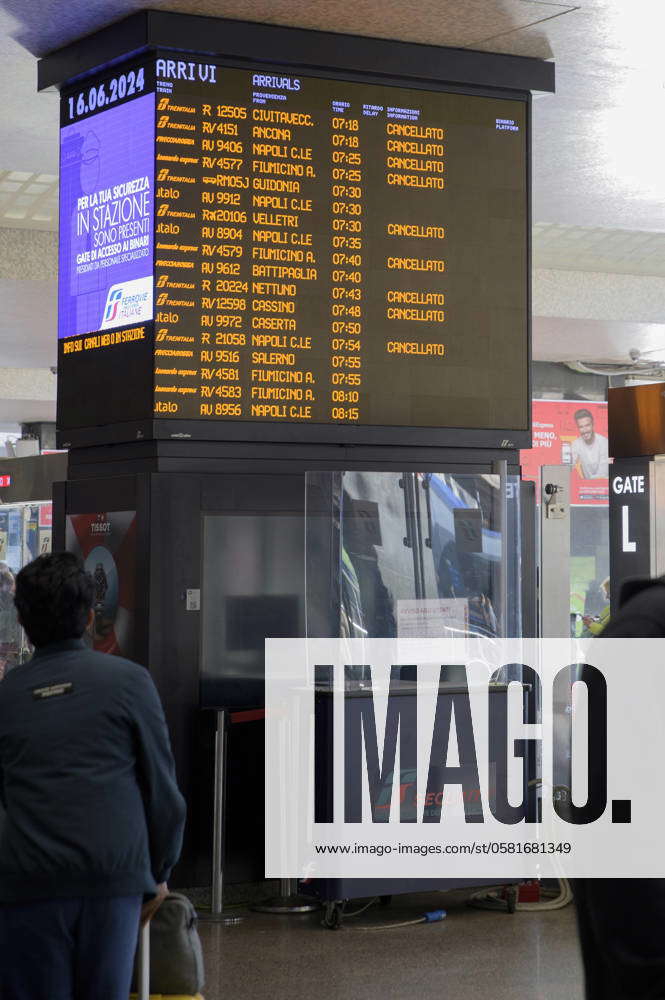 June 16, 2024, Rome, Italy The timetable shows arriving trains canceled during a train strike in
