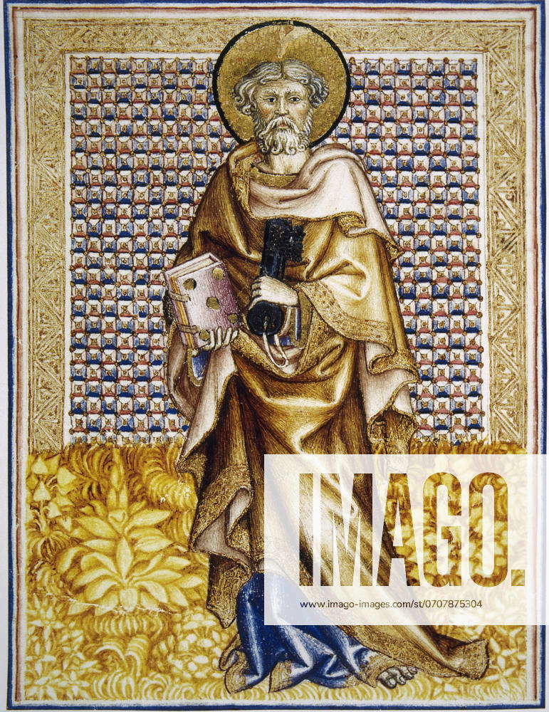 Saint Peter with keys of Heaven. Miniature of a prayer book. Conde ...