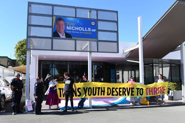 Will Nicholls Rally TRANS RALLY BRISBANE, Activists stand outside the office of Queensland ...