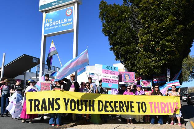 Will Nicholls Rally TRANS RALLY BRISBANE, Activists stand outside the office of Queensland ...