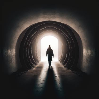 Man walking towards light at end of dark tunnel Lonely man walking in ...