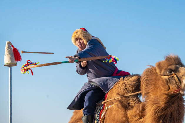 ALXA, CHINA - DECEMBER 28: A participant riding a camel performs ...